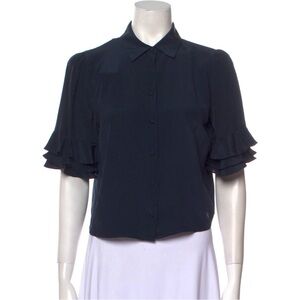 Frame Ruffle Short Sleeve Silk Navy Blouse